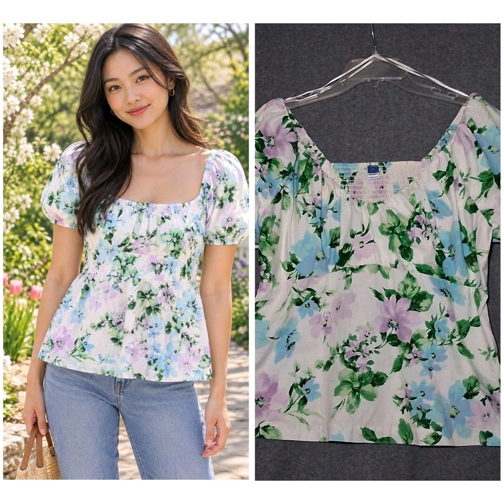 Women's Old Navy Puff Sleeve Poplin Peplum Top Size L Pink Floral Garden 10/23